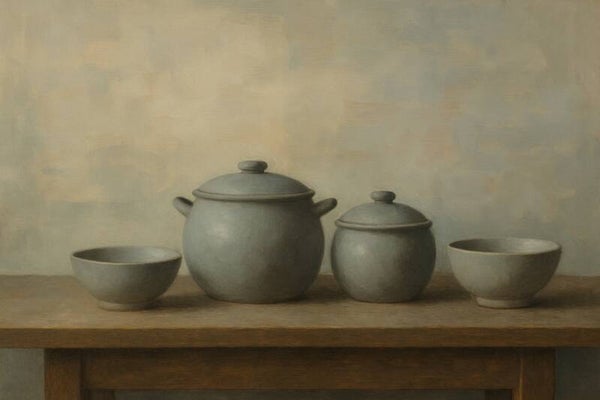 Keuken schilderij landelijke potten – sober stilleven met keramiek en hout