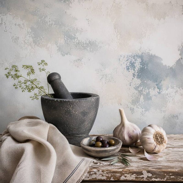 Landelijk keuken schilderij knoflook en olijven – wanddecoratie keuken en eetkamer