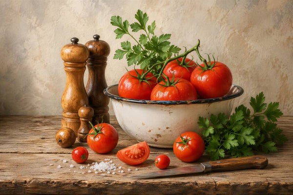 Keukenoogst – landelijk stilleven met tomaten, peterselie en houten molens