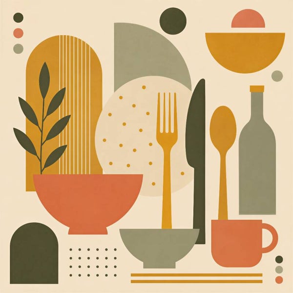 Keukenritme – abstract keuken schilderij met servies en bestek
