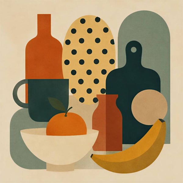 Keukenritme – abstract schilderij met fruit en servies in retro kleuren