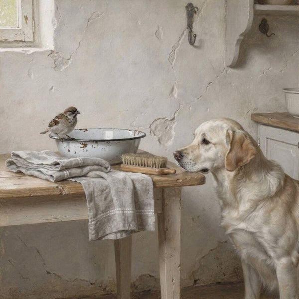 Keukenvrienden – schilderij hond en mus, landelijke stijl