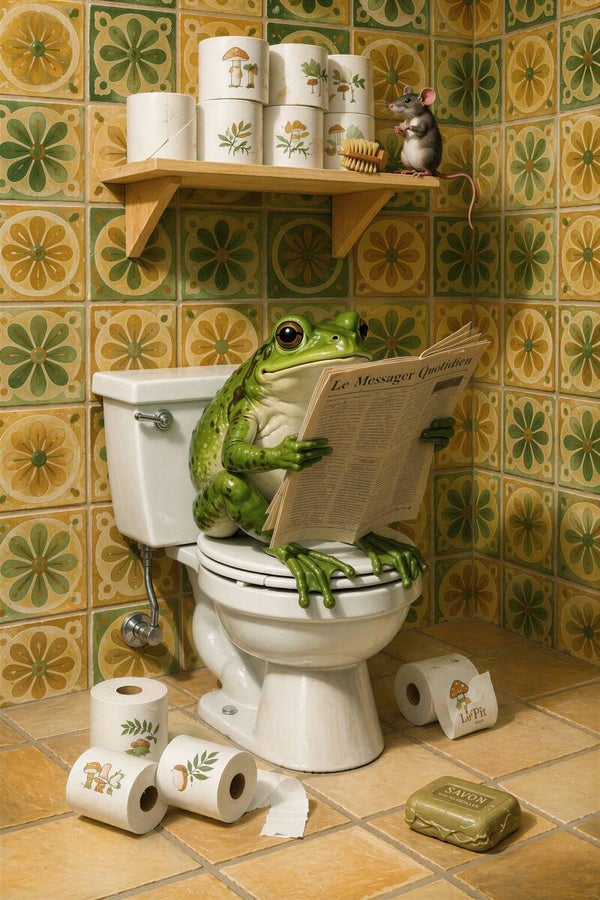 Groene Gedachten – schilderij kikker op toilet met krant en retro badkamer