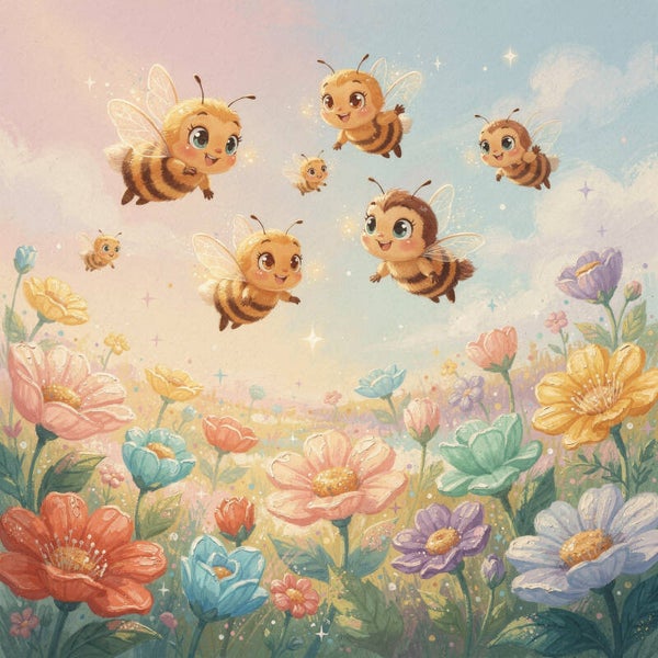 Vrolijke bijtjes boven bloemenveld – kinderkamer schilderij in pastelkleuren