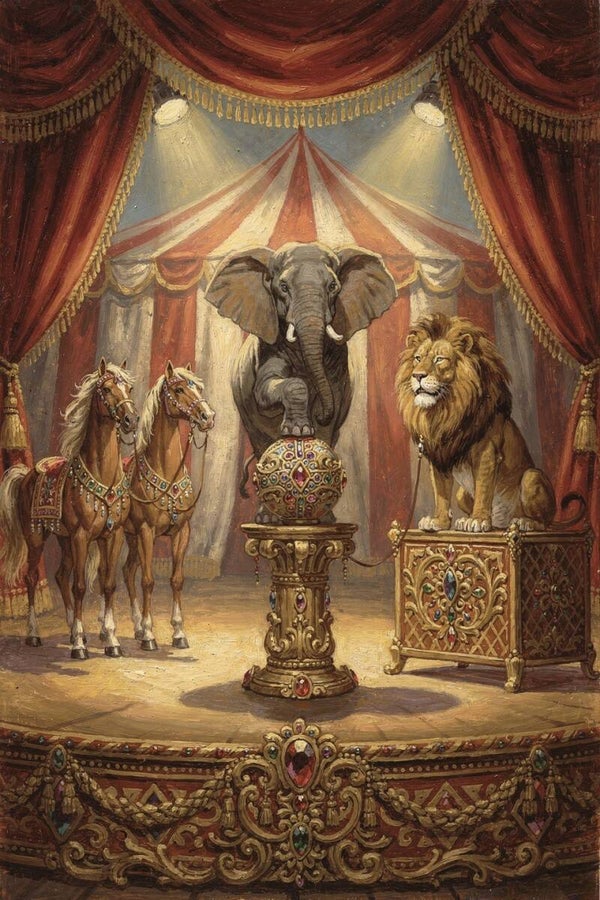 Circuskoning op het podium schilderij kinderkamer circus dieren