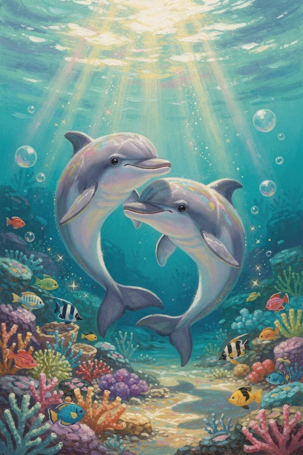 Samen in de oceaan schilderij kinderkamer dolfijn zee thema