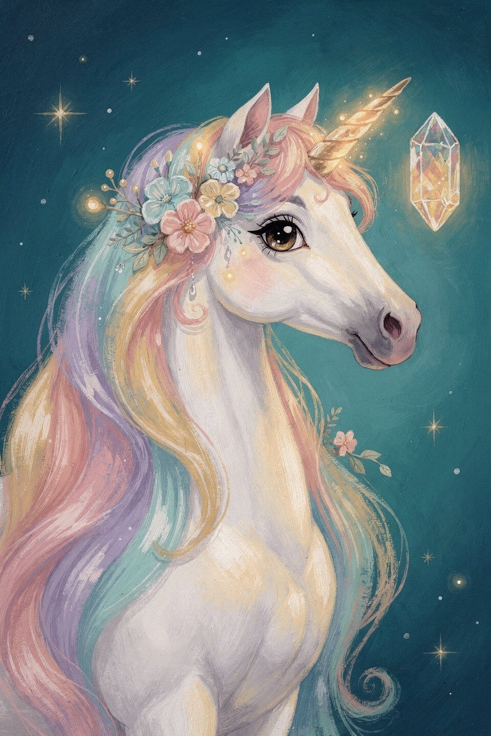 Sterrenmane – magische eenhoorn in pastel  schilderij kinderkamer unicorn meisjeskamer