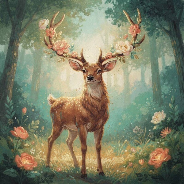 Bloemenhert in het bos – kinderkamer schilderij met hert en pastel bloemen
