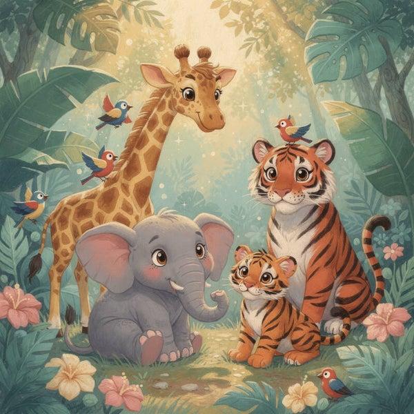 Jungle vriendjes – kinderkamer schilderij met giraf, olifant en tijger