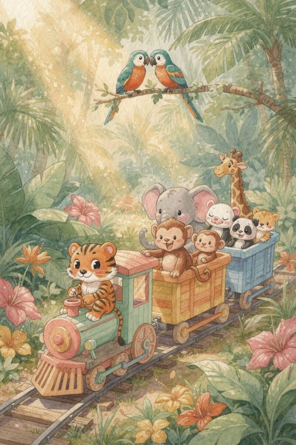 Jungletrein vol vriendjes schilderij kinderkamer trein jungledieren