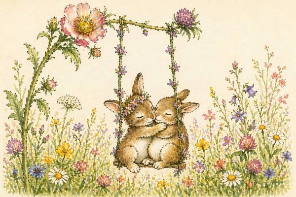 Bloemenkusjes op de Schommel – kinderkamer schilderij konijntjes pastel