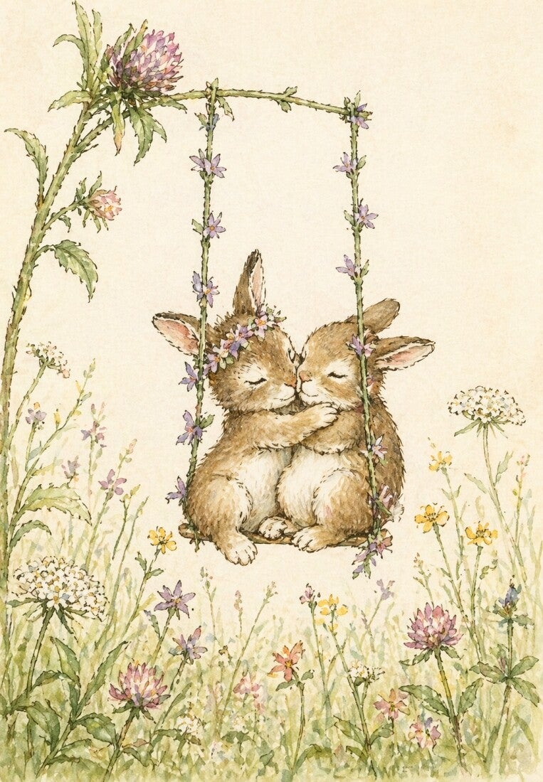 Samen op de Schommel – kinderkamer schilderij konijntjes zacht pastel