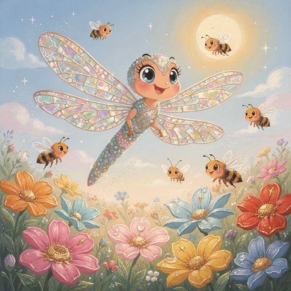 Libelle met bijtjes boven bloemenveld – dromerig kinderkamer schilderij in pastelkleuren