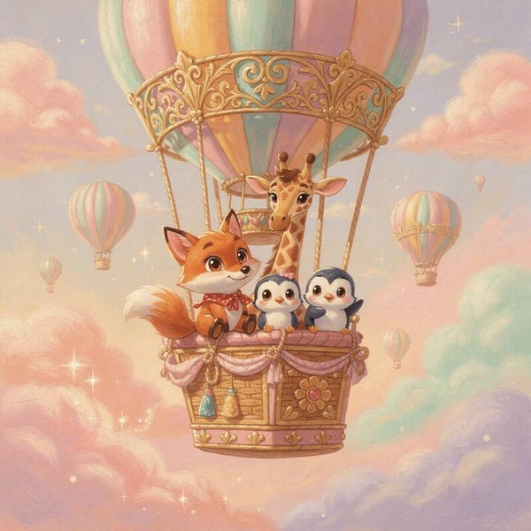 Luchtballon avontuur – kinderkamer schilderij met bosdieren in pastel