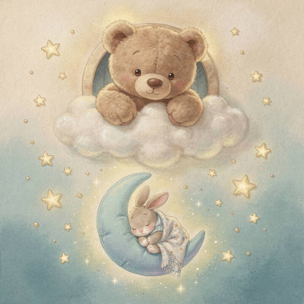 Slapend onder de sterren – teddybeer en konijntje op maan kinderkamer schilderij