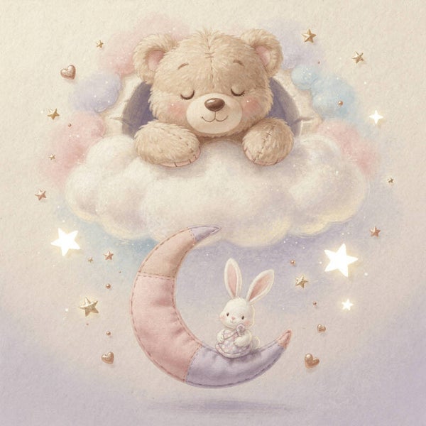 Dromen onder de maan – teddybeer en konijntje kinderkamer schilderij met maan en sterren