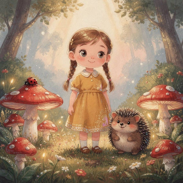 Meisje met egeltje in paddenstoelenbos – dromerig kinderkamer schilderij