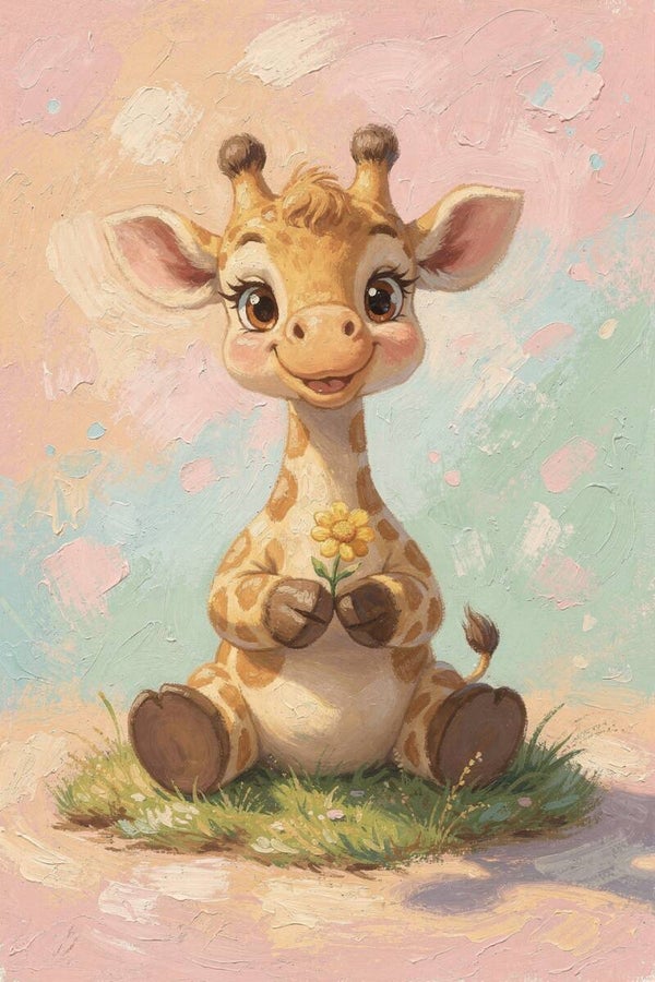 Bloemetje voor jou – baby giraf in pastel  schilderij kinderkamer giraf dieren