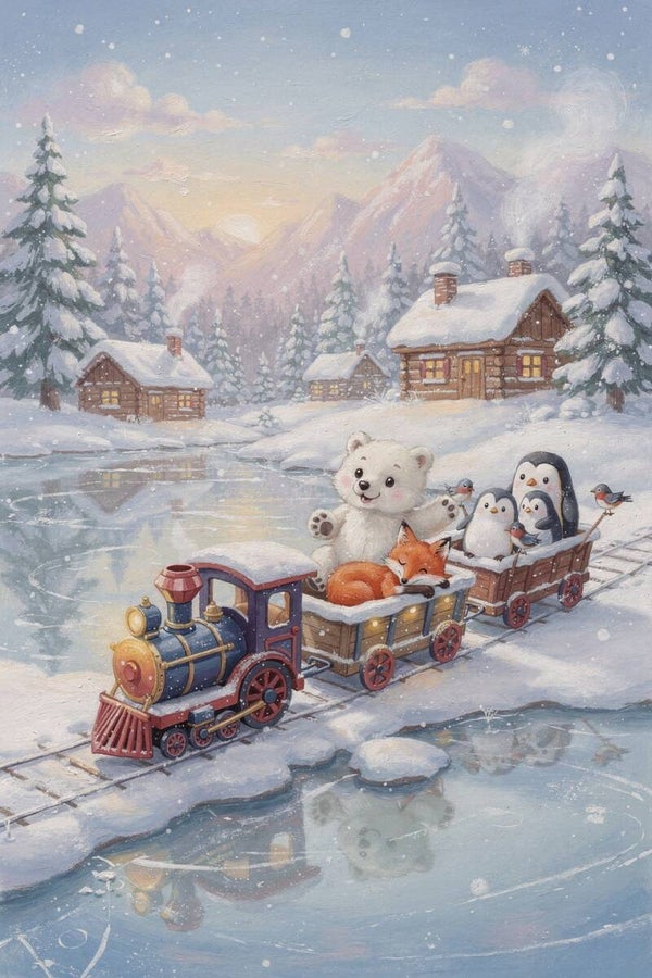 Wintertreintje op avontuur – dieren in de sneeuw  schilderij kinderkamer trein winter