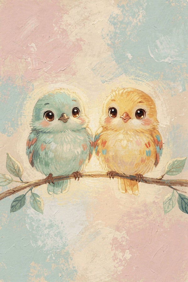 Samen op een tak – lieve vogeltjes in pastel schilderij kinderkamer dieren