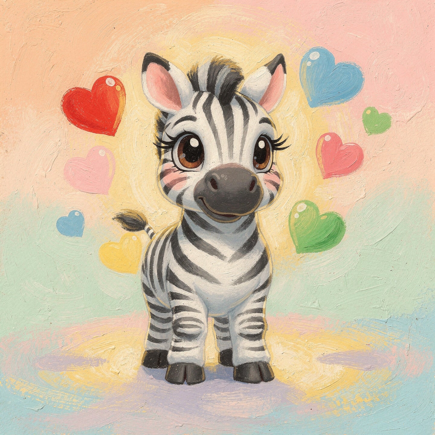 Zebra Hartjesregen – vrolijke kinderkamer wanddecoratie in pastelkleuren