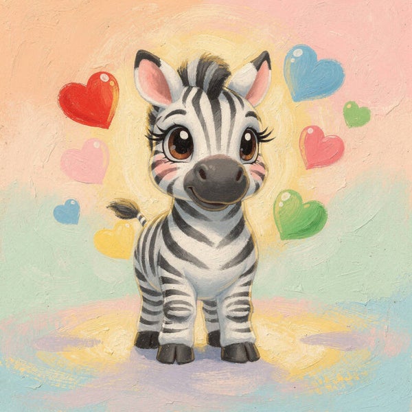 Zebra Hartjesregen – vrolijke kinderkamer wanddecoratie in pastelkleuren