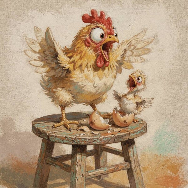 Samen Geschrokken – humor schilderij kip en kuiken op krukje