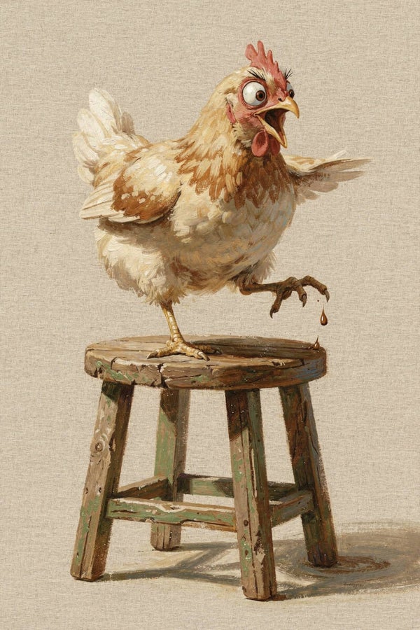 Paniek op het Krukje – humor schilderij kip op houten kruk