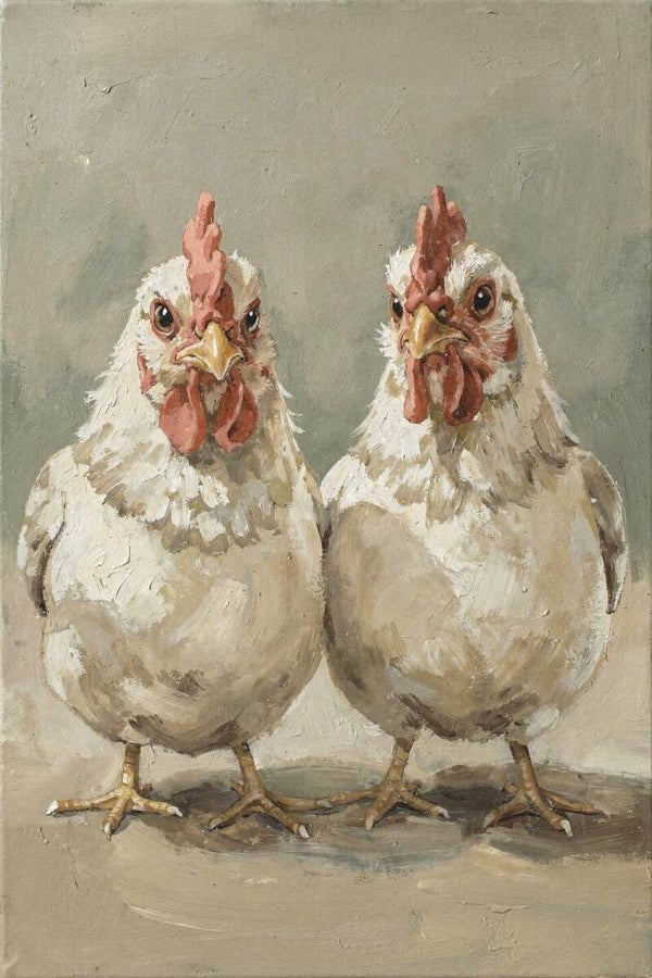 Twee Kippen op de Rand – kippen schilderij landelijk boerderij stijl