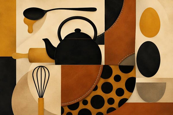 Kitchen Layers – abstract keuken schilderij in leerlook met theepot en keukengerei