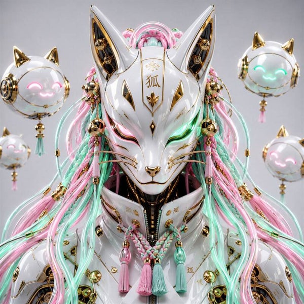 Kitsune Mecha Neo - Luxe Cyberpunk Kitsune Masker Schilderij met Pastel Drones