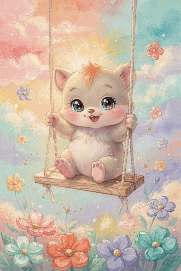 Kitten op schommel – schilderij kinderkamer