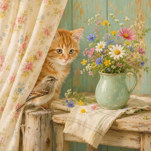 Zachte Ontmoeting – kat vogel bloemen schilderij landelijk kitten bloemen vaas