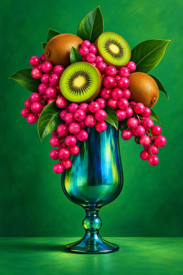 Kiwi Pop – kleurrijk fruit schilderij met kiwi en roze bessen