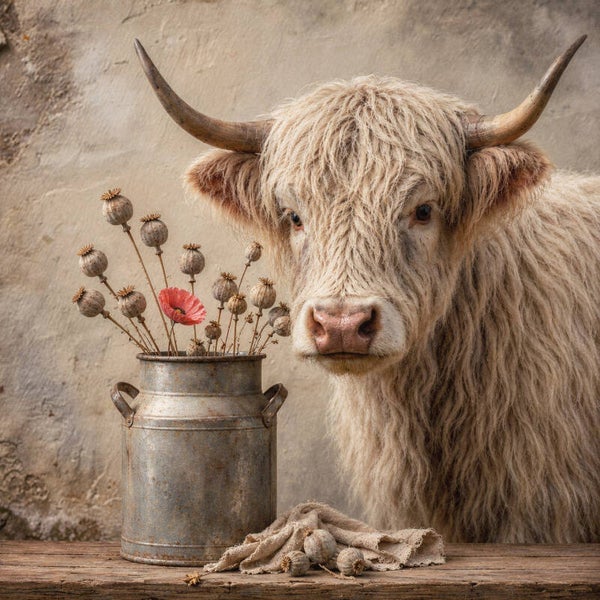 Klaproos bij de Hooglander – landelijk schilderij met Schotse hooglander