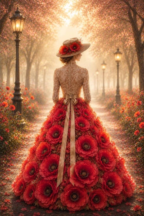 Klaproos Couture – vrouw schilderij met bloemenjurk en rode klaprozen