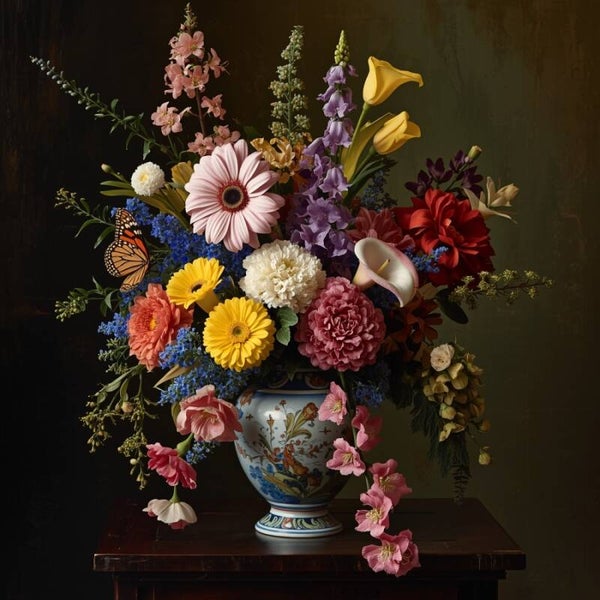 Bloemweelde aan Tafel – schilderij met bont boeket in sierlijke vaas