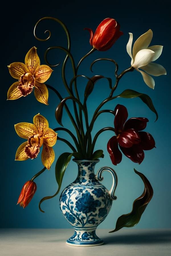 Bloemenschilderij met Delfts blauw vaas – Tulpen en orchideeën stilleven
