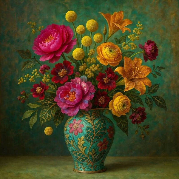 Weelderige bloemen in turquoise vaas – klassieke rijkdom