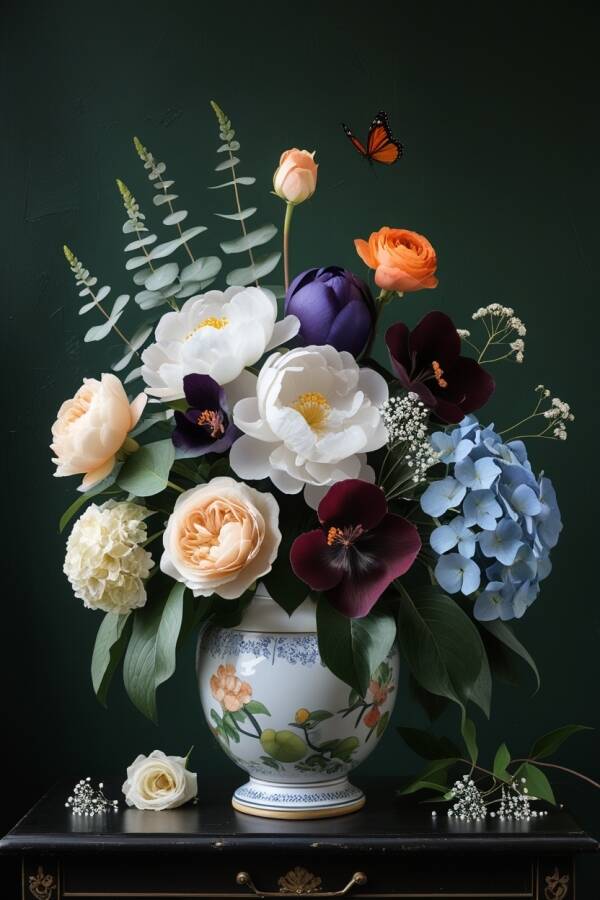 Klassiek Vlinderboeket – schilderij porseleinen vaas met bloemenpracht