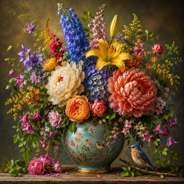 Voorjaarssymfonie – Bloemen schilderij met vogel en porseleinen vaas