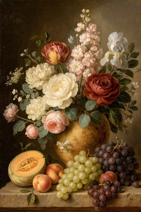 Fluwelen Bloei – bloemstilleven met fruit en rozen