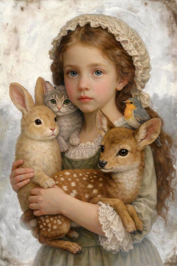 Samenzacht – portret schilderij meisje met hertje, konijn en kat
