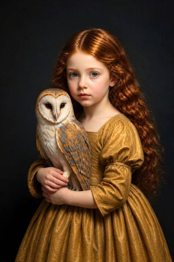 De Wachter van het Woud – klassiek schilderij van meisje met uil