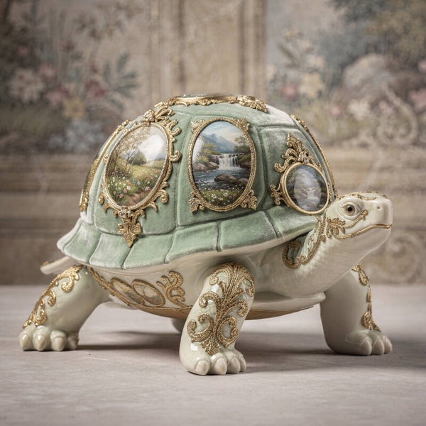 Majestueuze Reis – Schilderij Sierlijke Schildpad met Landschappen – Goud & Salie Groen – Klassiek Kunstwerk