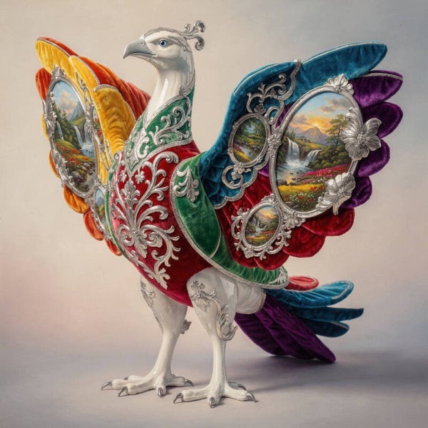 Kleurrijke Feniks – Schilderij Sierlijke Vogel met Zilveren Ornamenten – Multicolor & Zilver – Klassiek Dierportret