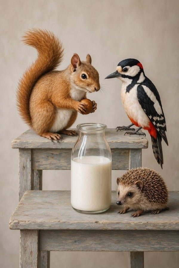 De Notenkrakers – dieren schilderij eekhoorn specht egel