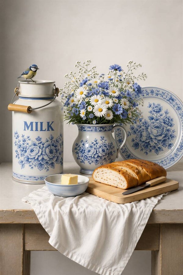 Ochtend op Delfts Blauw – schilderij brood, vogel en melkkan landelijk