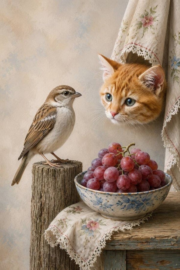 Druivengeheim – poes en vogeltje schilderij met landelijke sfeer