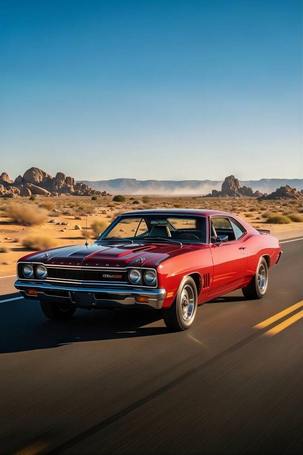 Desert Drive – klassieke rode muscle car, retro autoschilderij